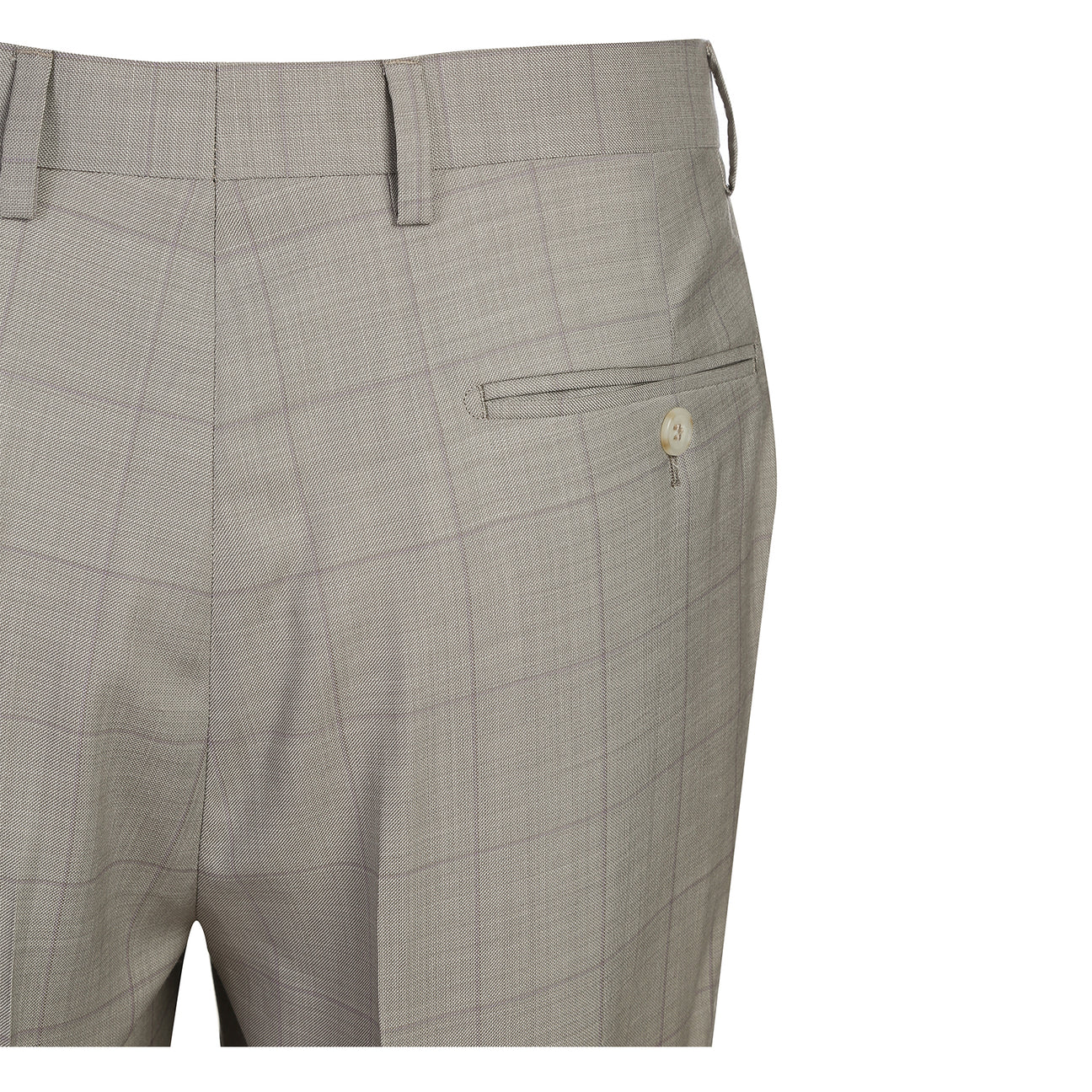 The Alessandro Vitello by Renoir Classic Fit Suit 566-10, in light gray plaid with notch lapels, is styled on a mannequin with a white dress shirt and blue striped tie.