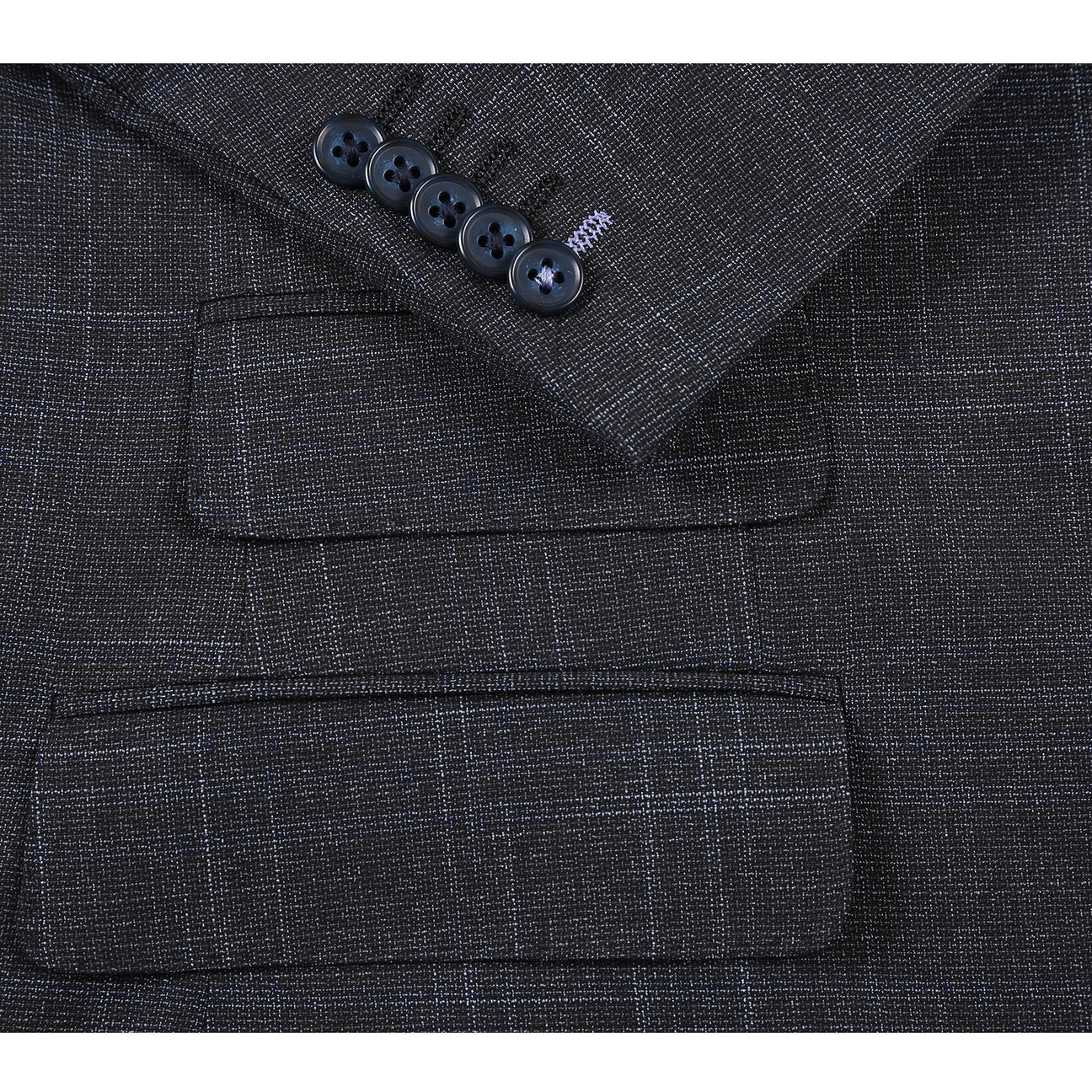 The English Laundry Navy Gray Check Suit 22-68-410EL features a modern slim fit jacket with notch lapel, crisp white shirt, and blue patterned tie—an ideal look for any occasion. Displayed on a mannequin against a white background.