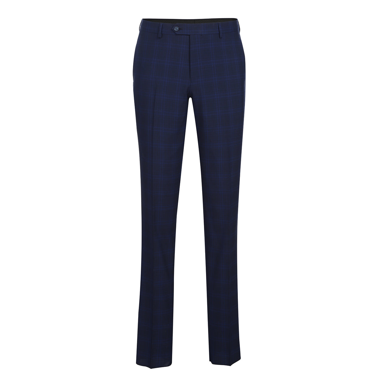 The Alessandro Vitello by Renoir New Slim Fit Wool Blue Suit 566-7 is displayed on a mannequin, styled with a white dress shirt and a maroon patterned tie.