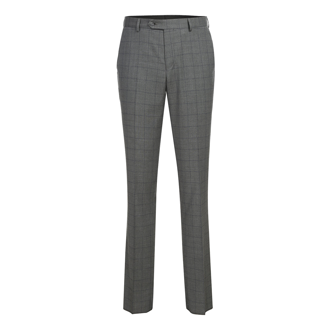 The Alessandro Vitello by Renoir Double-Breasted New Slim Fit Gray Suit 293-44 features a gray plaid design, styled here on a mannequin with a white shirt, maroon polka dot tie, and patterned pocket square for sharp modern elegance.