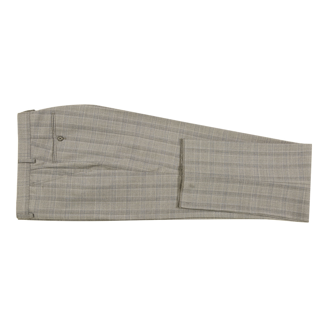 The Renoir Alessandro Vitello by Renoir Classic Fit Wool Suit 566-12, a gray plaid men's two-button jacket with notch lapels, is styled on a mannequin with a white dress shirt and red patterned tie.