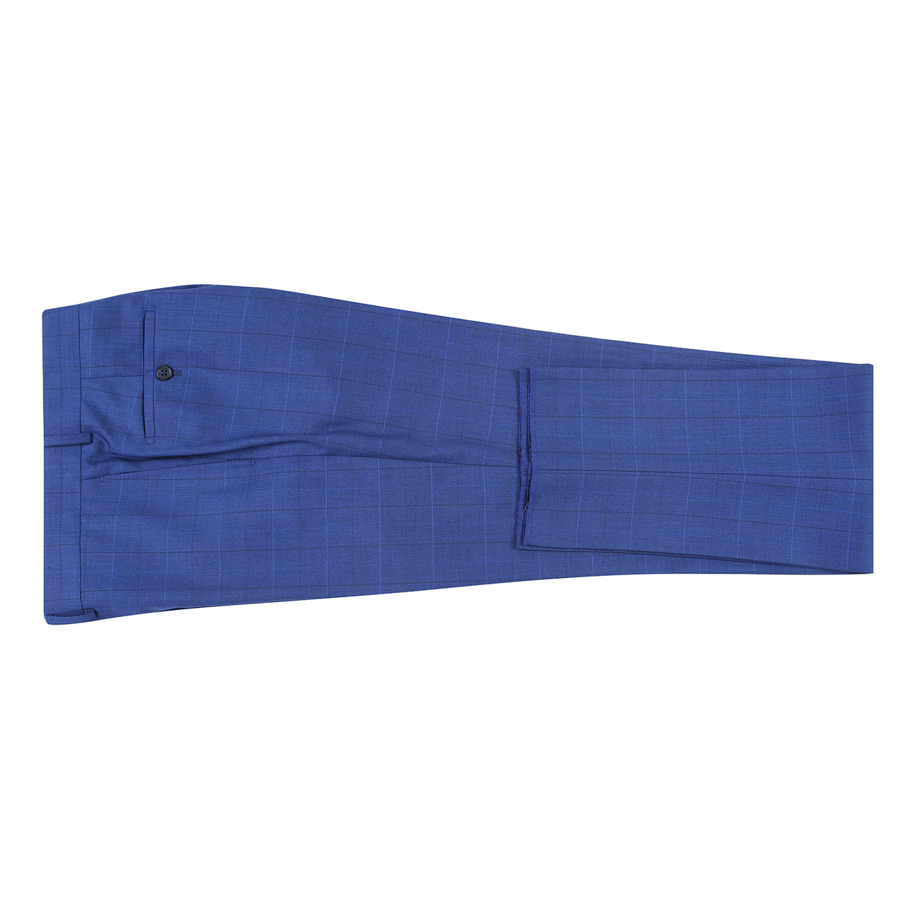 The ENGLISH LAUNDRY Royal Blue Check Suit 12-52-412EL by English Laundry features a slim fit jacket with notch lapels, styled on a mannequin with a white dress shirt and red patterned tie.