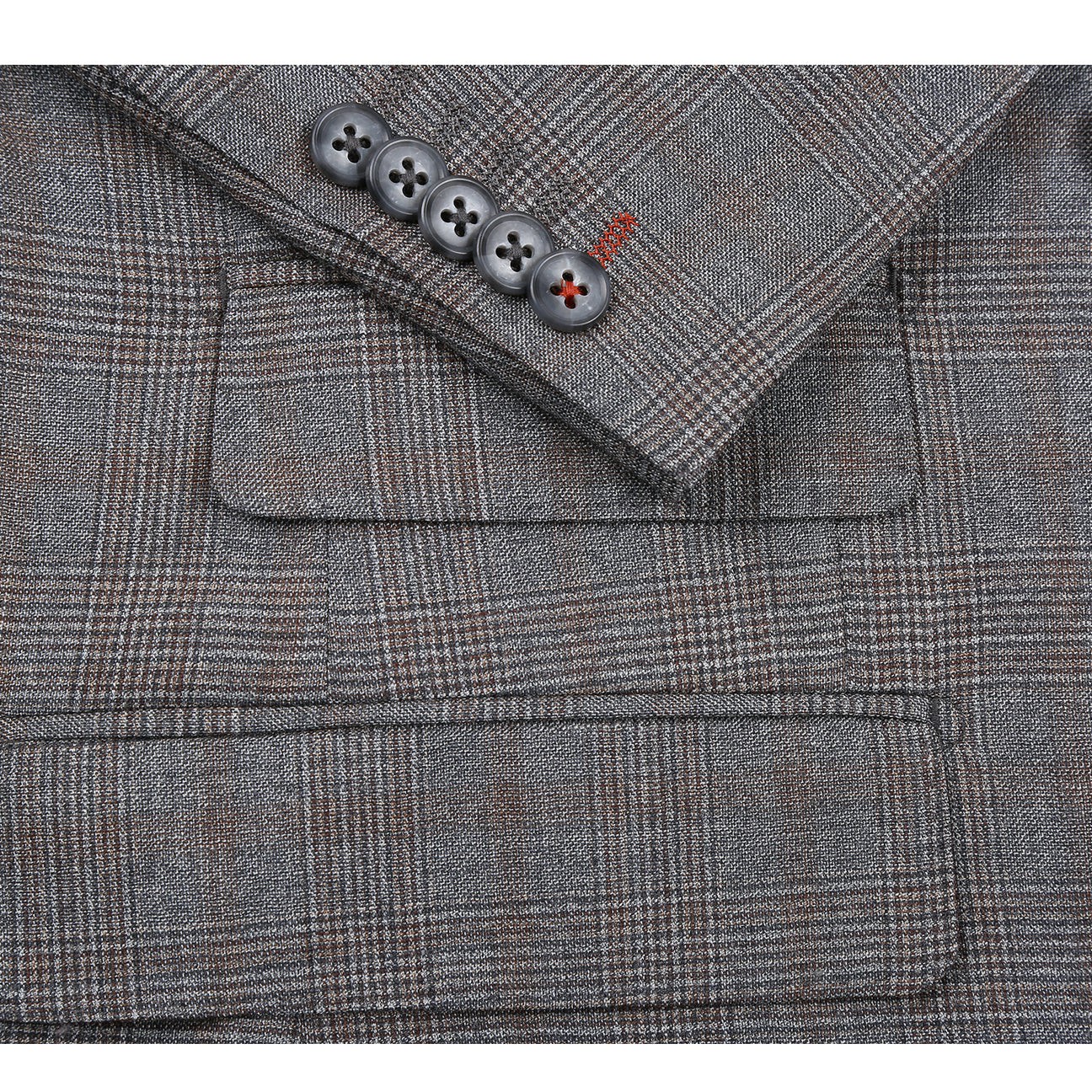 The ENGLISH LAUNDRY Double-breasted Gray Check Suit EL12-60-093 by English Laundry is showcased on a mannequin, styled with a white dress shirt and a red tie.