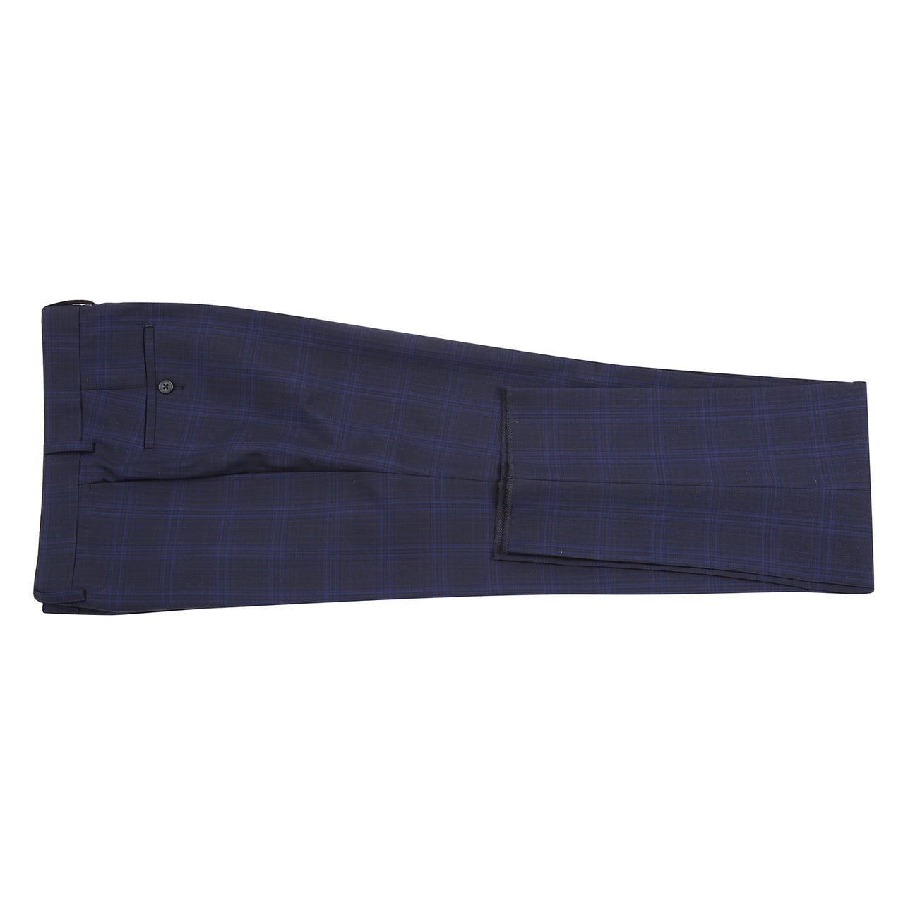 The ENGLISH LAUNDRY Dark Blue Wool Suit EL92-58-555 by English Laundry is a slim fit, plaid wool blazer with two buttons, notch lapels, flap pockets, and a patterned inner lining, shown against a white background.