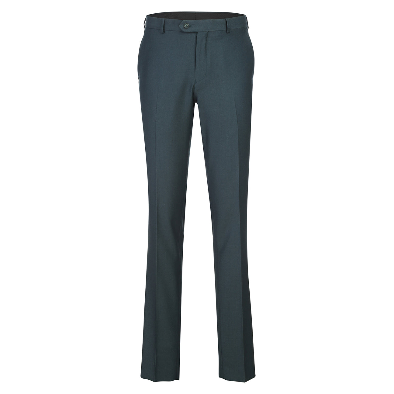 The Renoir Alessandro Vitello 2-Piece New Slim Fit Forest Green Suit (201-13) is shown over a white dress shirt with a blue striped tie, displayed on a mannequin against a white background.