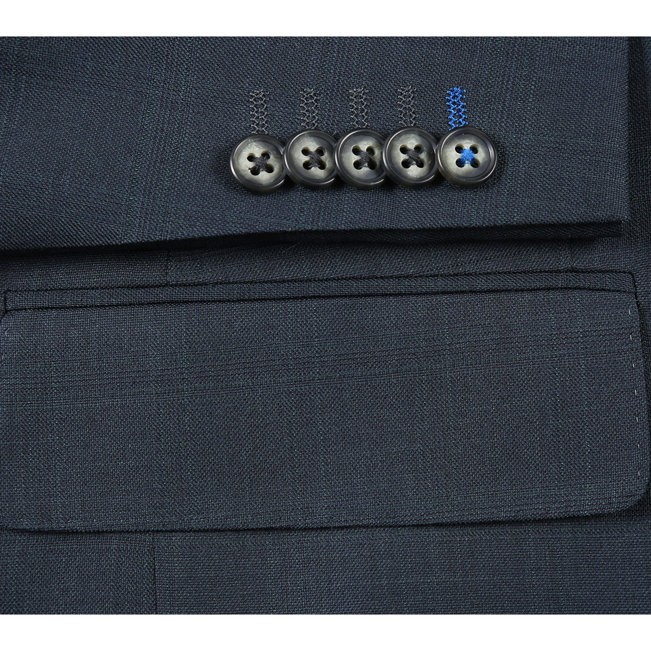 The English Laundry ENGLISH LAUNDRY Dark Green Check Suit 22-52-341EL features a men's suit jacket in dark green check with notch lapels and a two-button closure, styled over a white dress shirt and black striped tie on a mannequin.