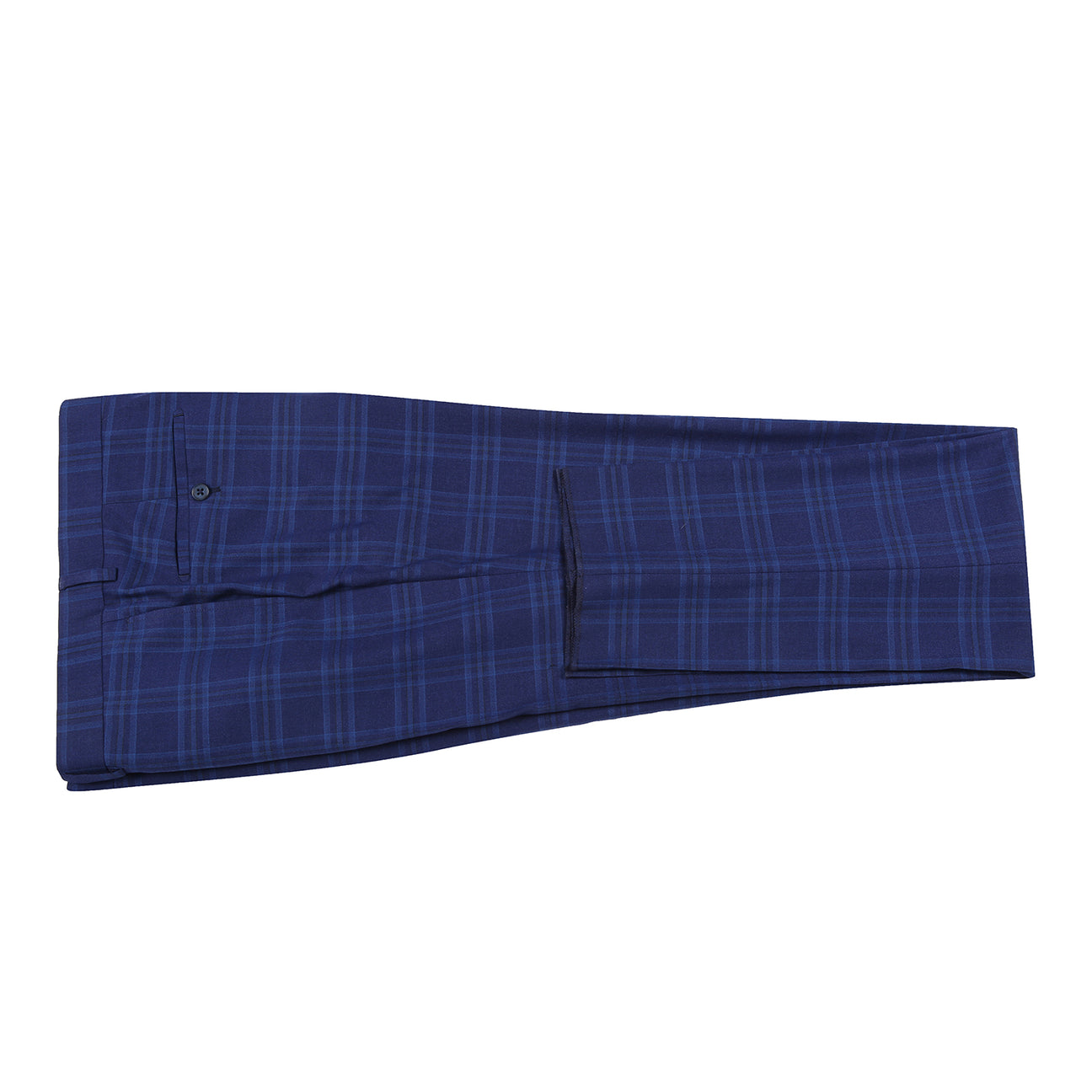 The English Laundry 2pc Suit Blue 32-60-400EL is a men's slim fit navy plaid blazer featuring a notched lapel, two-button closure, and blue patterned lining.