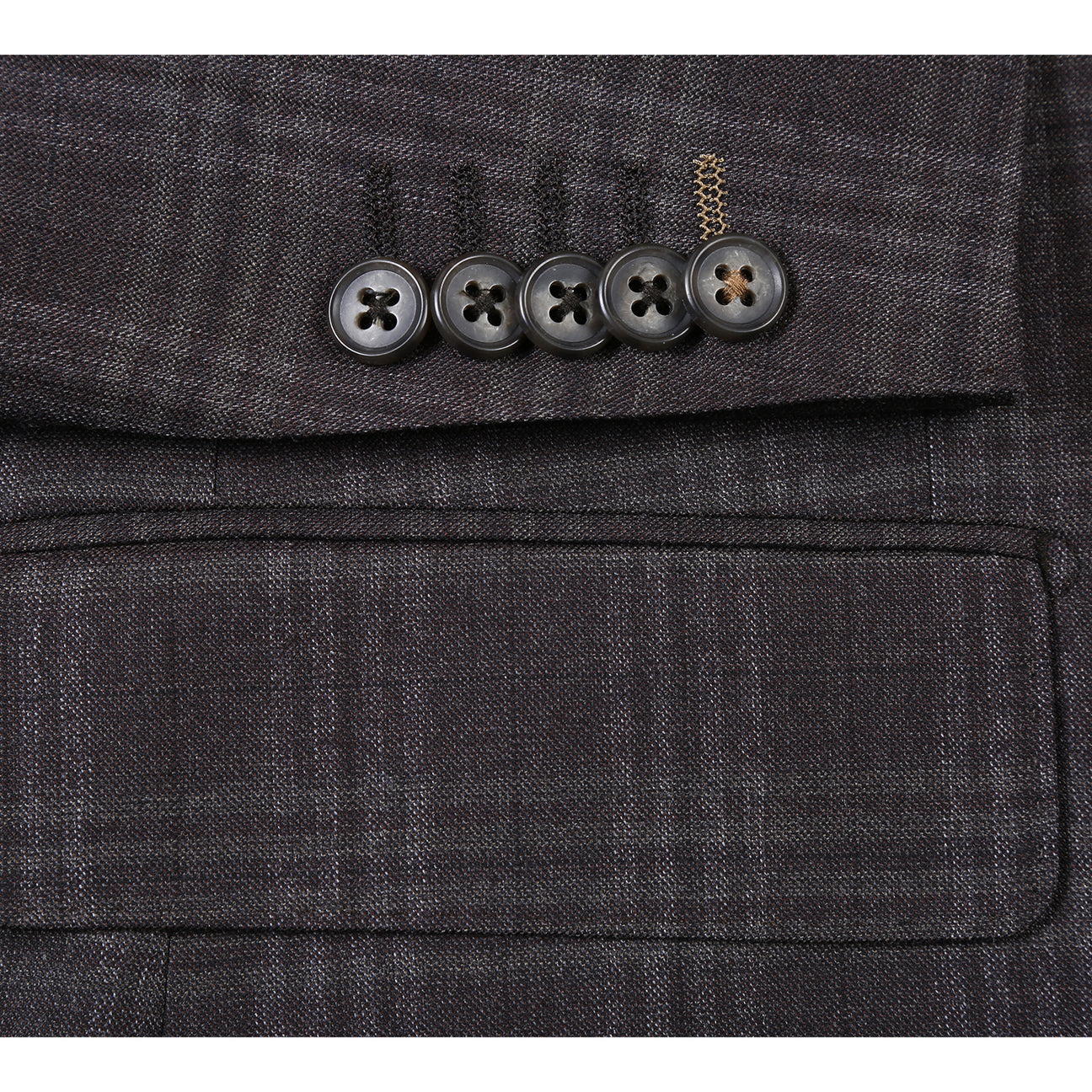 A mannequin showcases the English Laundry ENGLISH LAUNDRY Brown Check Suit EL12-58-555 with notch lapels, paired with a white dress shirt and a blue, brown, and gray striped tie.