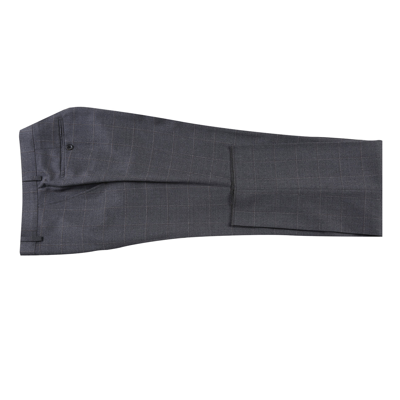 The Renoir Alessandro Vitello Classic Fit Wool Gray Suit 566-6 features a dark gray plaid jacket, paired with a white shirt and blue patterned tie, shown on a mannequin—ideal for those seeking a timeless men's single-breasted suit.