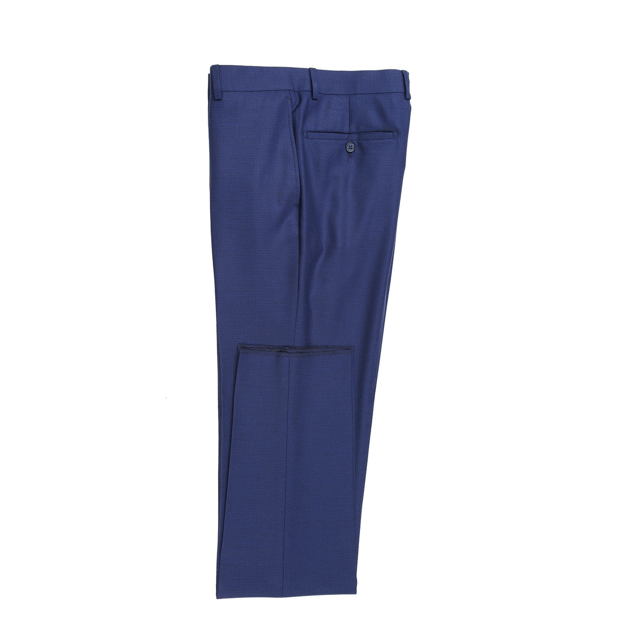 The ENGLISH LAUNDRY Blue Wool Suit EL82-22-411 by English Laundry, with its slim-fit design, is stylishly displayed on a mannequin alongside a crisp white shirt and an orange patterned tie.