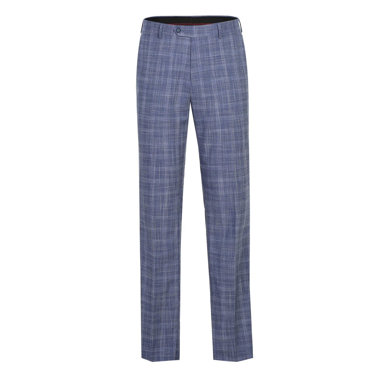 The Alessandro Vitello by Renoir Slim Fit Checked Suit Blue 293-24, featuring a blue plaid notch lapel jacket paired with a white dress shirt and an orange patterned tie, is elegantly displayed on a mannequin. Its polyester rayon blend ensures both comfort and style.