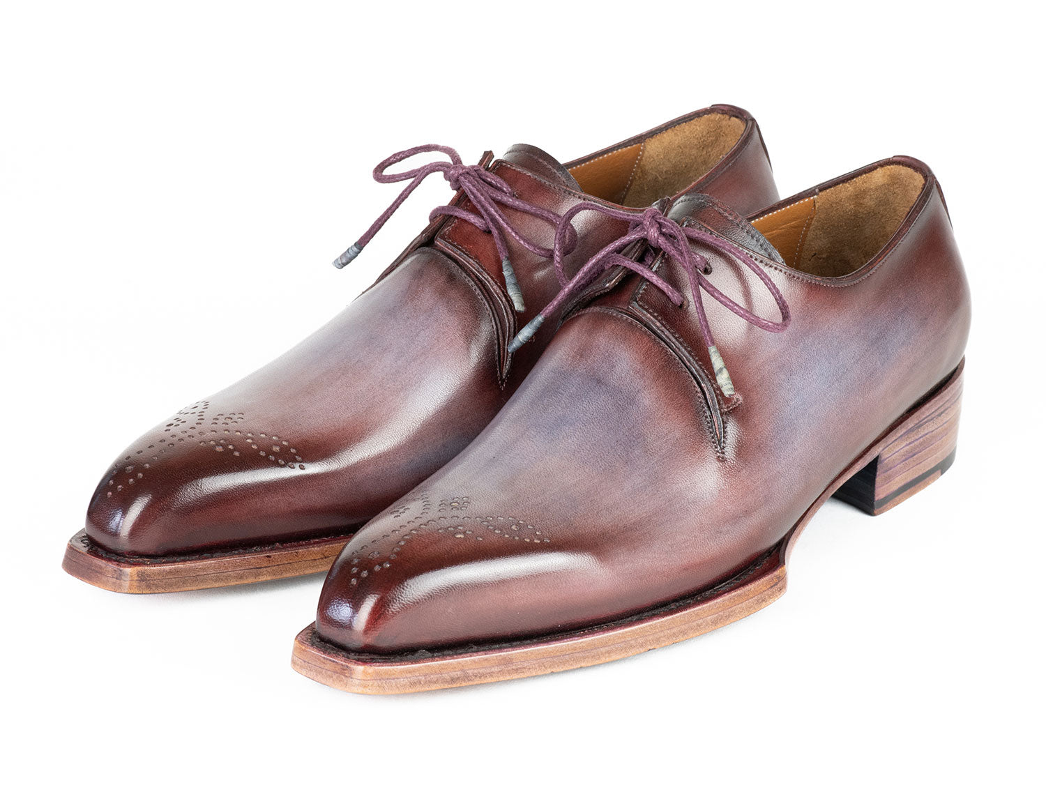 The Paul Parkman Goodyear Welted Derby Shoes in Ice Blue & Bordeaux, known for their meticulous hand-painted details and fine stitching, are the epitome of elegance in handmade derby shoes.