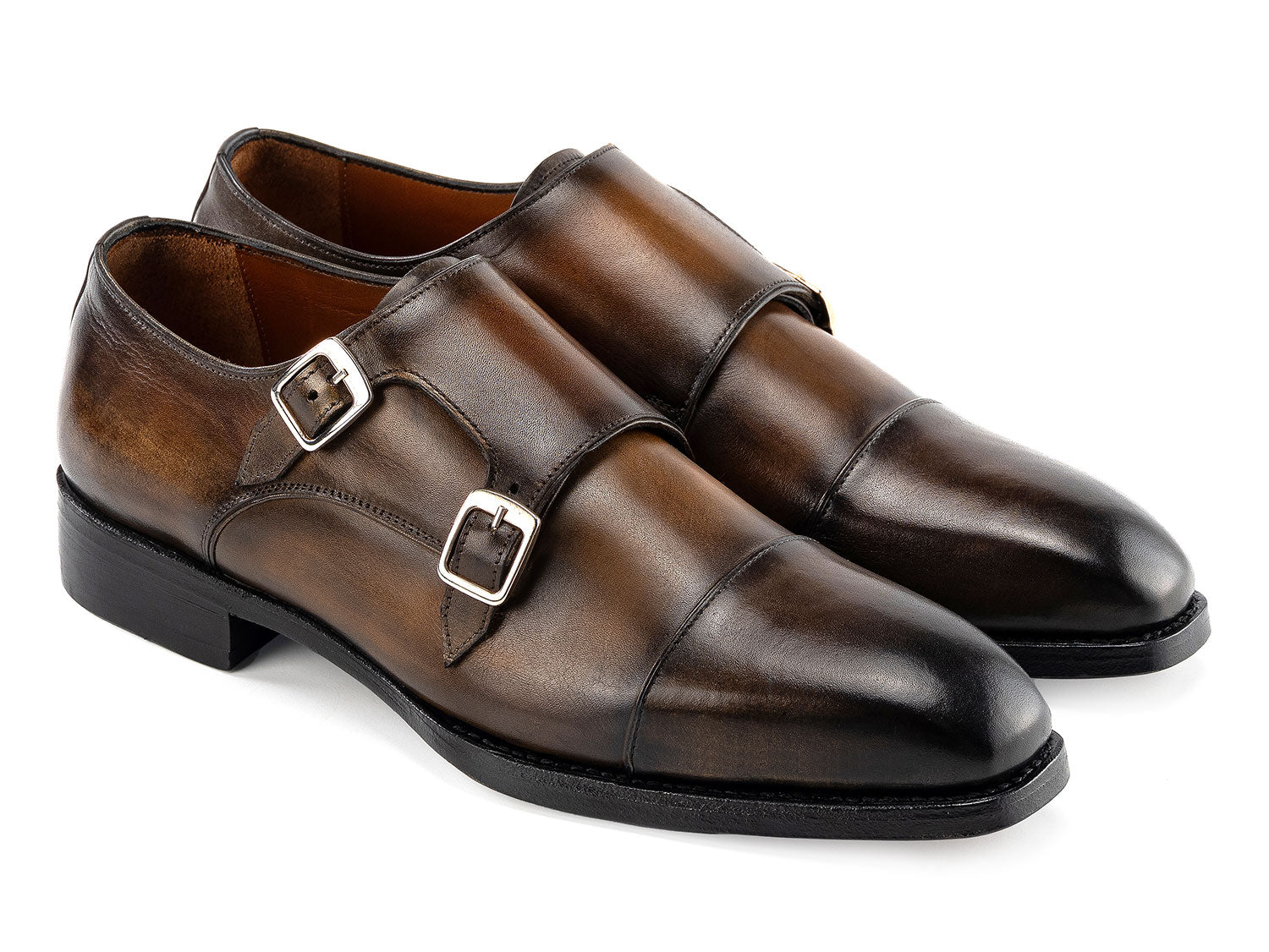The Paul Parkman Goodyear Welted Double Monkstrap Shoes Green 9468-GRN are handmade men's dress shoes with durable Goodyear welted construction, featuring green leather and black soles, displayed on a white background.
