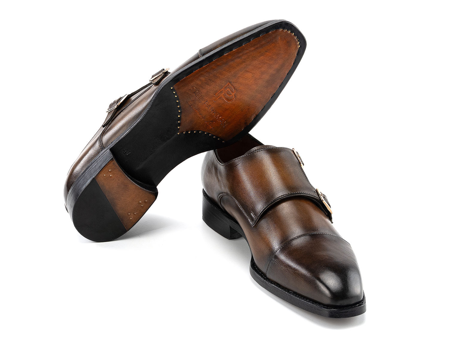 The Paul Parkman Goodyear Welted Double Monkstrap Shoes Green 9468-GRN are handmade men's dress shoes with durable Goodyear welted construction, featuring green leather and black soles, displayed on a white background.