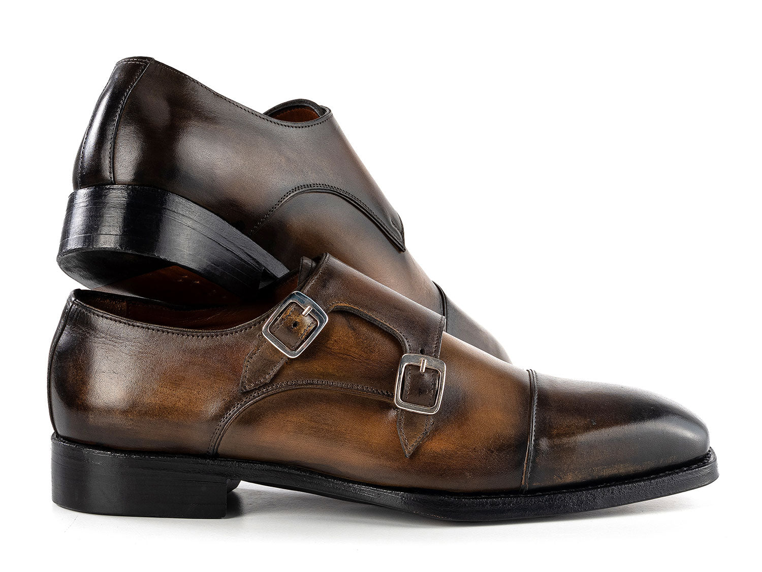 The Paul Parkman Goodyear Welted Double Monkstrap Shoes Green 9468-GRN are handmade men's dress shoes with durable Goodyear welted construction, featuring green leather and black soles, displayed on a white background.