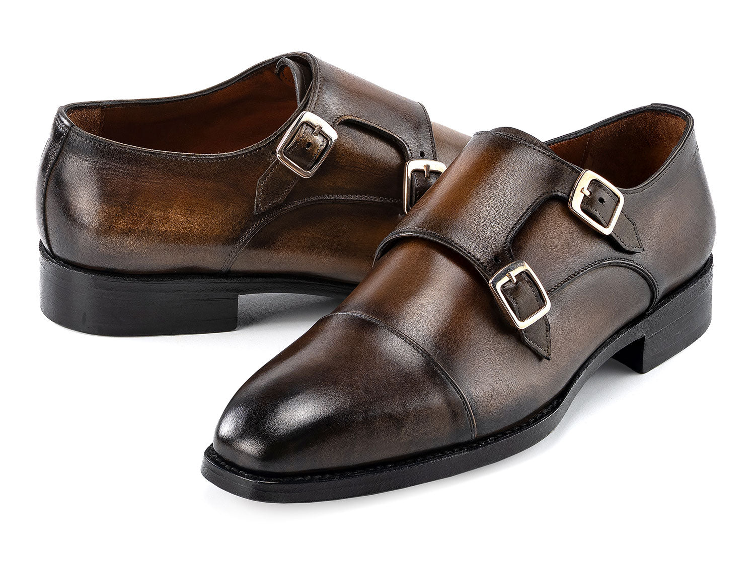 The Paul Parkman Goodyear Welted Double Monkstrap Shoes Green 9468-GRN are handmade men's dress shoes with durable Goodyear welted construction, featuring green leather and black soles, displayed on a white background.