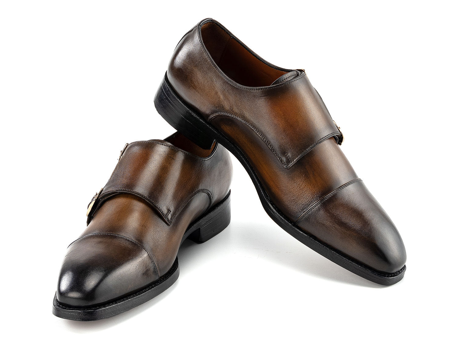 The Paul Parkman Goodyear Welted Double Monkstrap Shoes Green 9468-GRN are handmade men's dress shoes with durable Goodyear welted construction, featuring green leather and black soles, displayed on a white background.