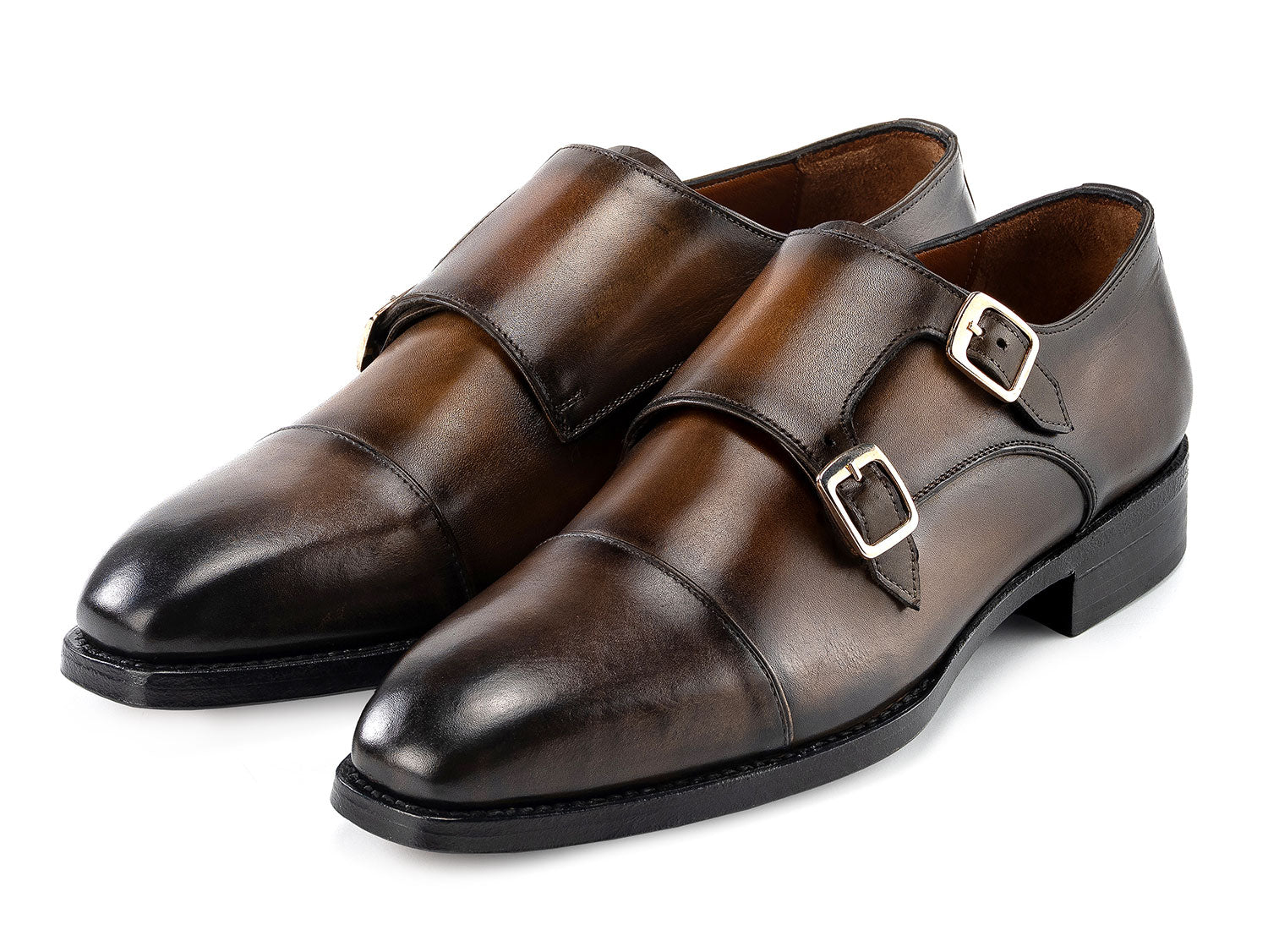 The Paul Parkman Goodyear Welted Double Monkstrap Shoes Green 9468-GRN are handmade men's dress shoes with durable Goodyear welted construction, featuring green leather and black soles, displayed on a white background.