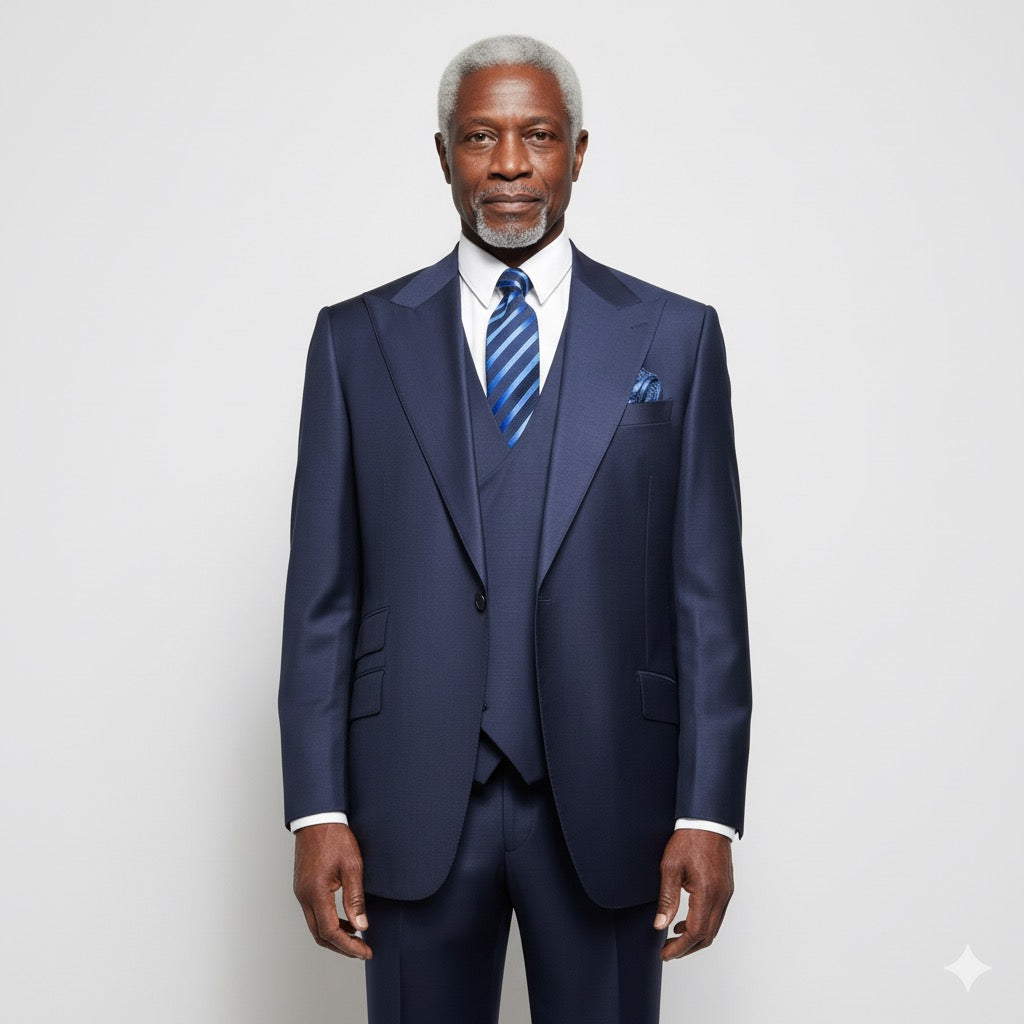 A mannequin displays the Tiglio Rosso Orvietto Solid Blue Tig1036 Single Pleat suit—an elegant, dark blue three-piece ensemble crafted from 100% wool. The look includes a matching vest, crisp white shirt, and blue striped tie, set against a plain concrete wall backdrop.
