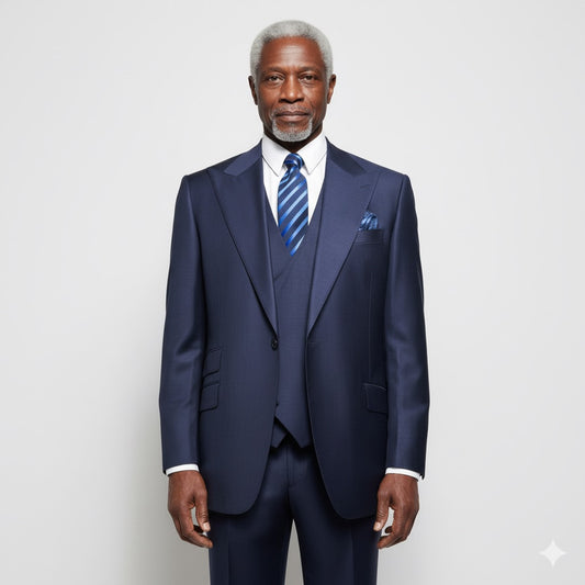 A mannequin displays the Tiglio Rosso Orvietto Solid Blue Tig1036 Single Pleat suit—an elegant, dark blue three-piece ensemble crafted from 100% wool. The look includes a matching vest, crisp white shirt, and blue striped tie, set against a plain concrete wall backdrop.