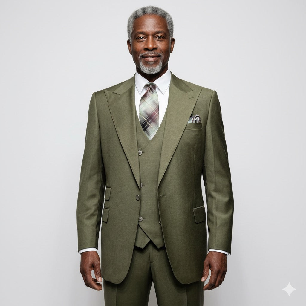 A mannequin displays the Tiglio Rosso Orvietto Solid Olive Single Pleat suit, an elegant olive green three-piece ensemble crafted from 100% wool, complemented by a plaid tie and handkerchief in the pocket, standing gracefully against a curtain backdrop.