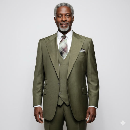 A mannequin displays the Tiglio Rosso Orvietto Solid Olive Single Pleat suit, an elegant olive green three-piece ensemble crafted from 100% wool, complemented by a plaid tie and handkerchief in the pocket, standing gracefully against a curtain backdrop.