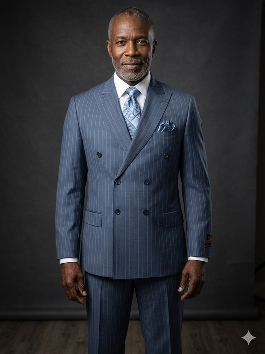 An older man faces the camera wearing a Tiglio Luxe PISTOIA Modern Fit Double Breasted Suit TL5121 in blue/light blue pinstripe by Tiglio, paired with a white shirt and patterned blue tie, set against a neutral gray background.
