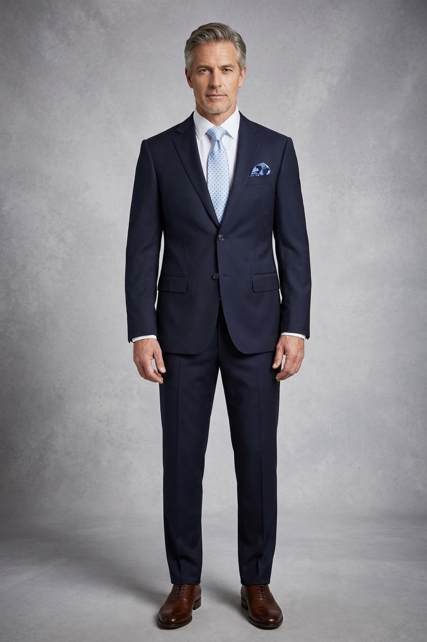 The Tiglio Luxe Novello Navy Blue Pure Wool Men’s Suit (TIG1002) by Tiglio Luxe is displayed on a mannequin with a light blue patterned tie, white dress shirt, and blue pocket square—an elegant choice in luxury men's clothing.