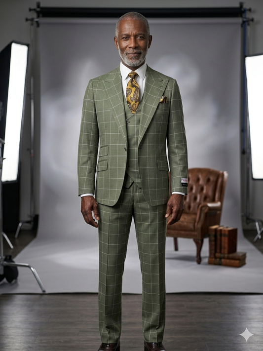 An older man wears the Tiglio Rosso Orvietto Semi Wide Leg TL8073 suit in green check, standing in a photography studio with a brown leather chair and stacked books visible in the background.