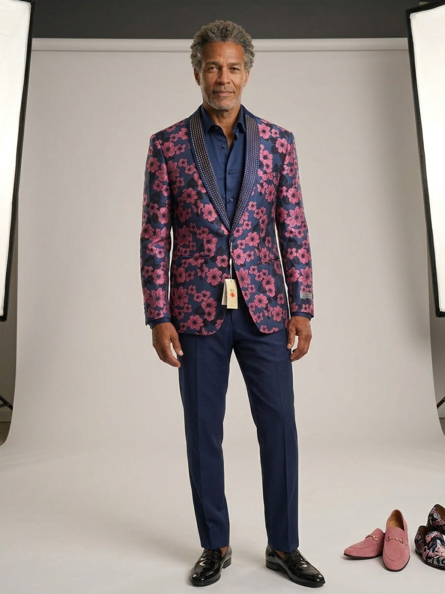 A man wears EJ SAMUEL Jacket 11 Size 36 (Small), blue shirt, blue pants; pink loafers and a floral tie nearby. All items are final sale—no returns or exchanges.