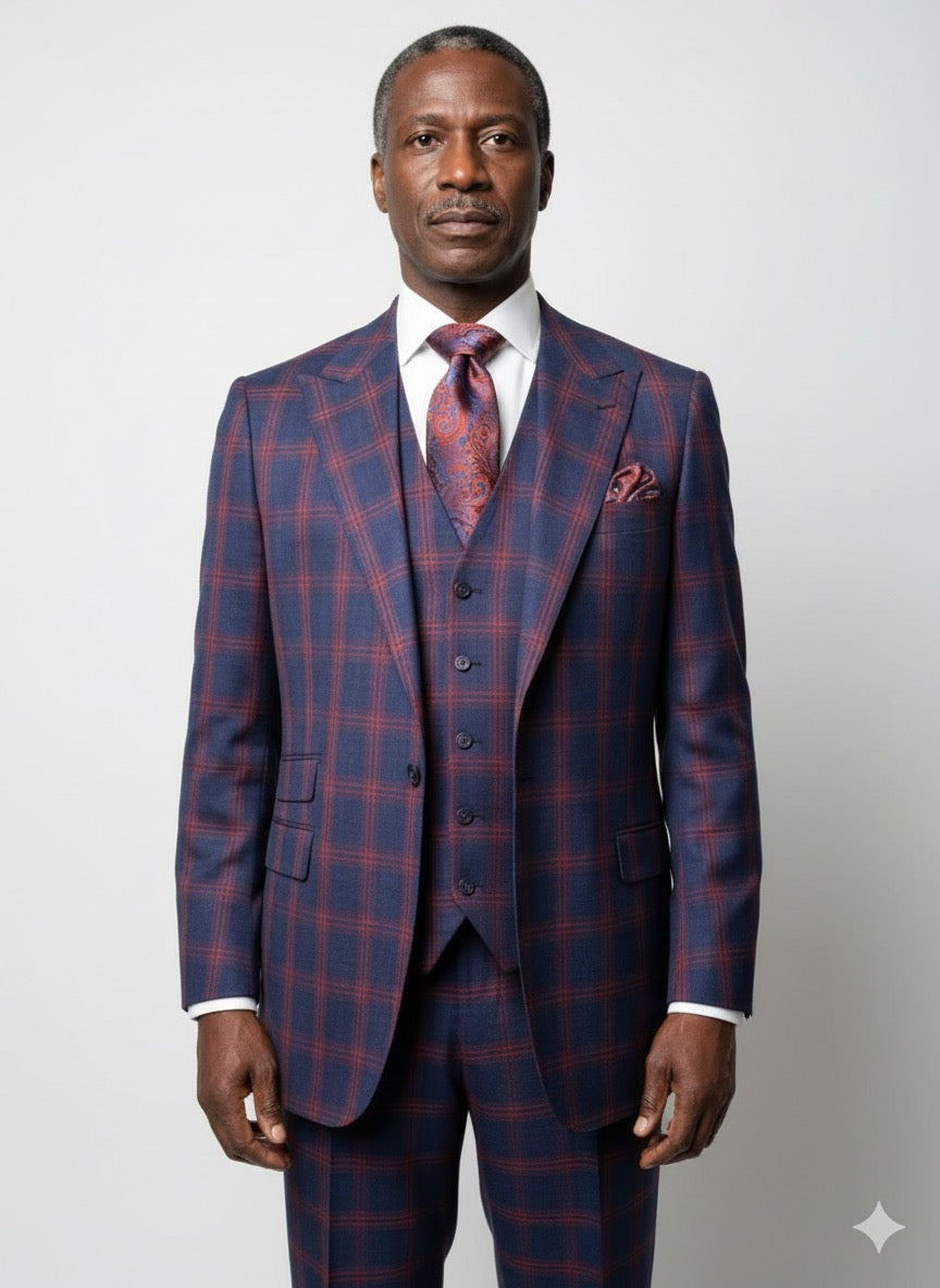 A mannequin dressed in a Tiglio Rosso Portofino Semi Wide Leg TL8066 suit with a matching tie and pocket square, displayed in a clothing store.