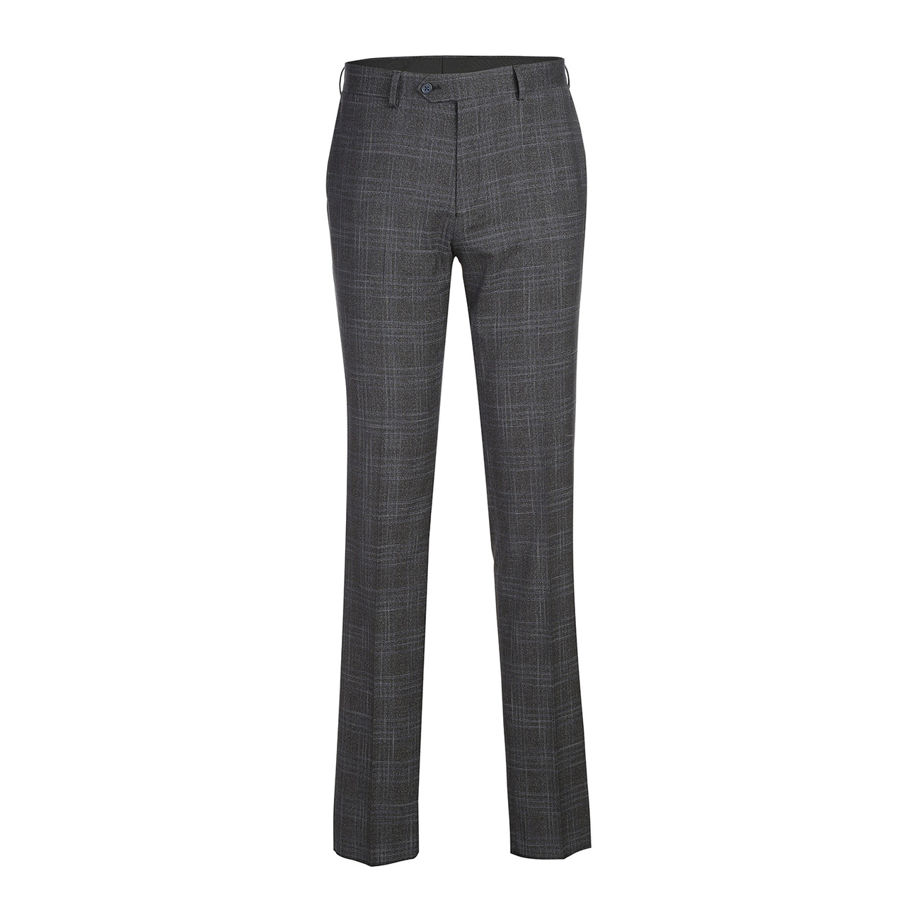 The English Laundry Navy Gray Check Suit 22-68-410EL features a modern slim fit jacket with notch lapel, crisp white shirt, and blue patterned tie—an ideal look for any occasion. Displayed on a mannequin against a white background.