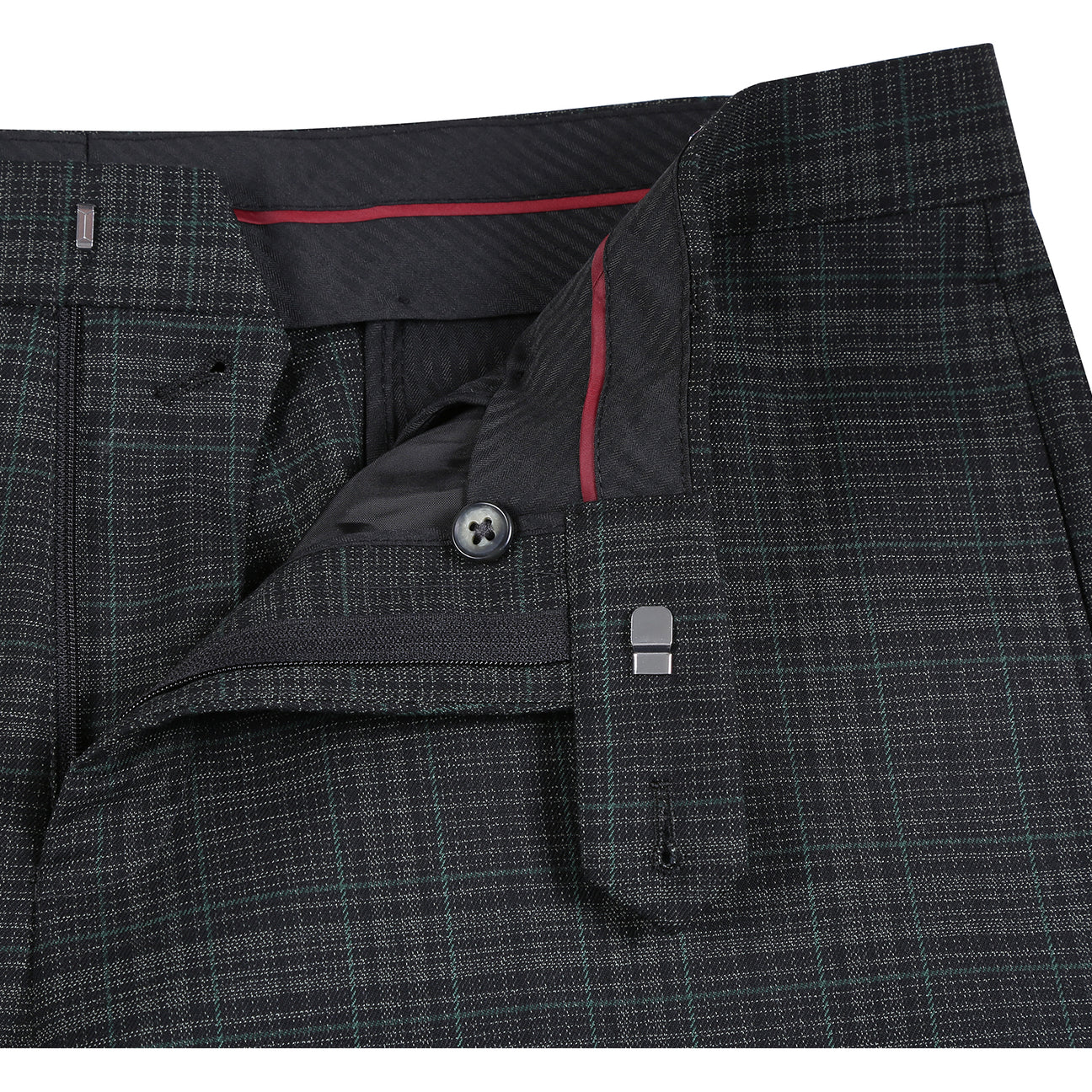 The ENGLISH LAUNDRY 2pc Suit Green 32-24-001EL by English Laundry is a dark plaid men's blazer featuring notch lapels, two-button closure, flap pockets, and a green tropical leaf print lining.