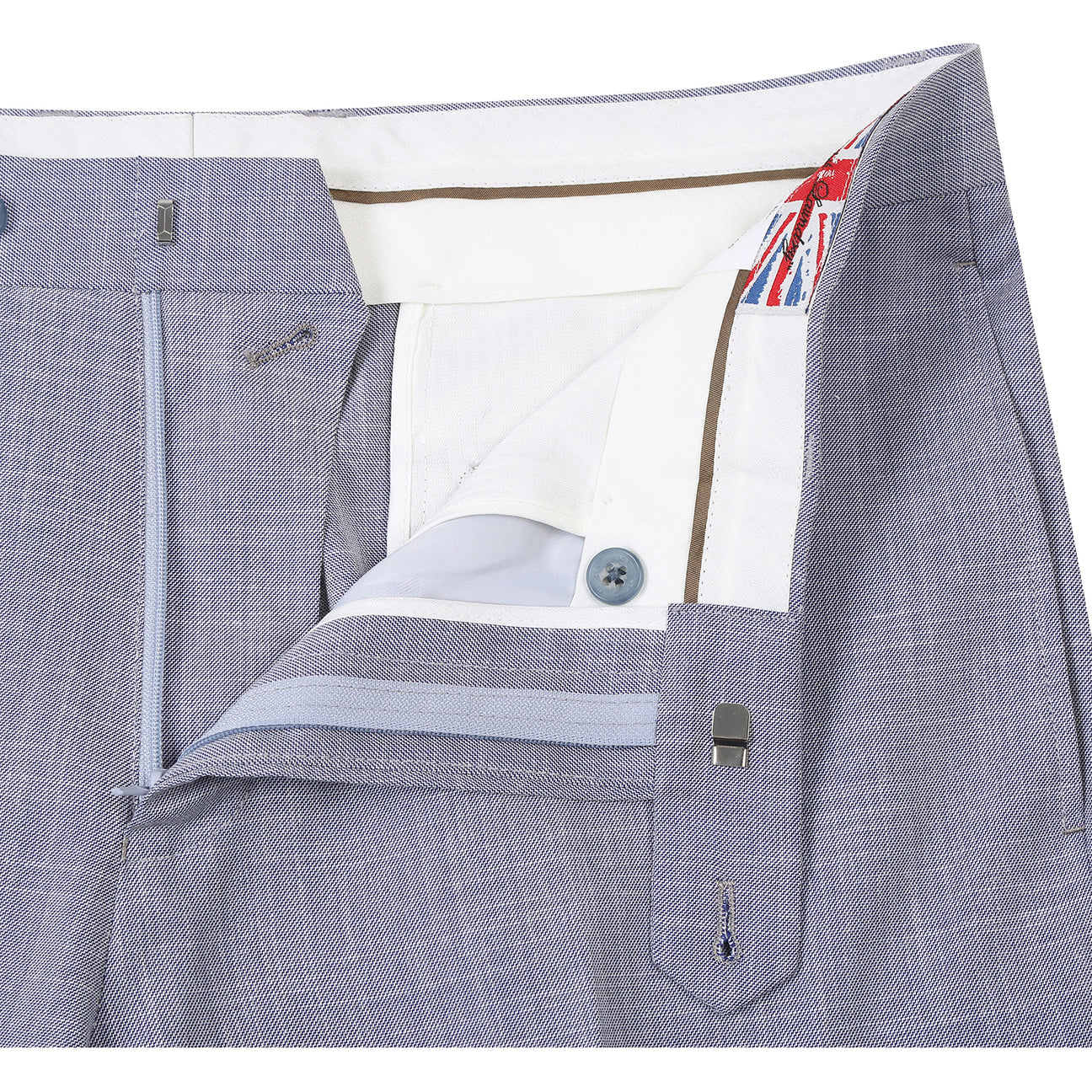 The ENGLISH LAUNDRY Light Gray Suit 32-02-002EL by English Laundry features notched lapels, two front flap pockets, a single button closure, and a blue and white floral patterned inner lining.