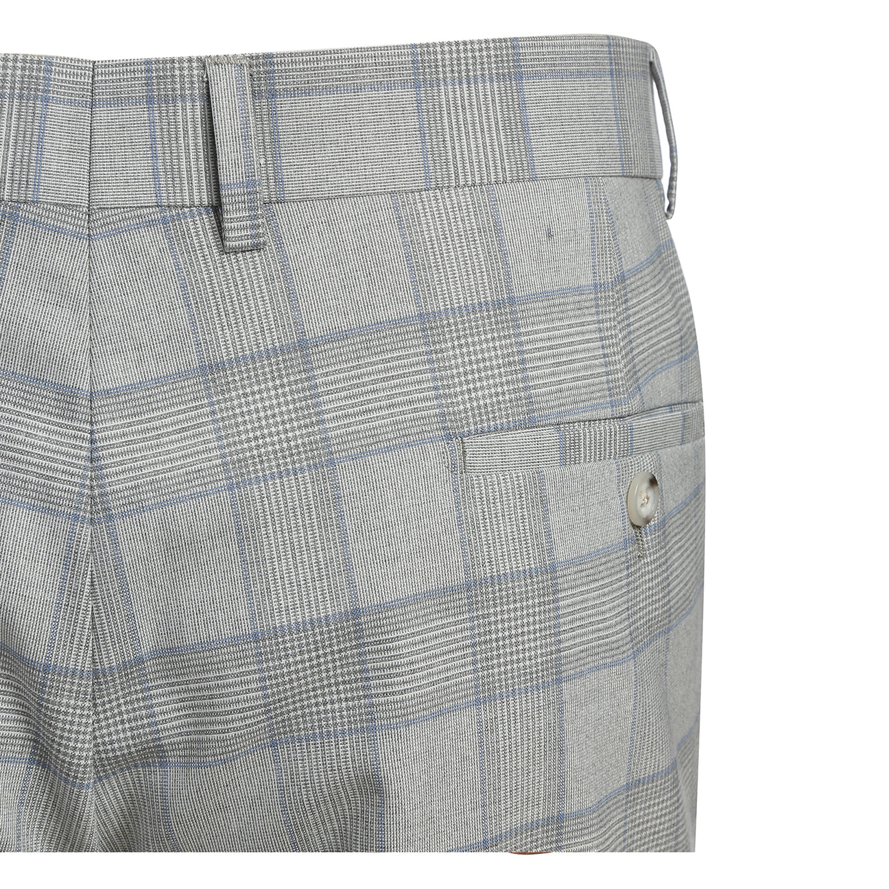 The English Laundry ENGLISH LAUNDRY TR Suit 12-66-092EL slim fit light gray plaid jacket, with a two-button closure, is displayed on a mannequin, paired with a white dress shirt and dark gray tie.