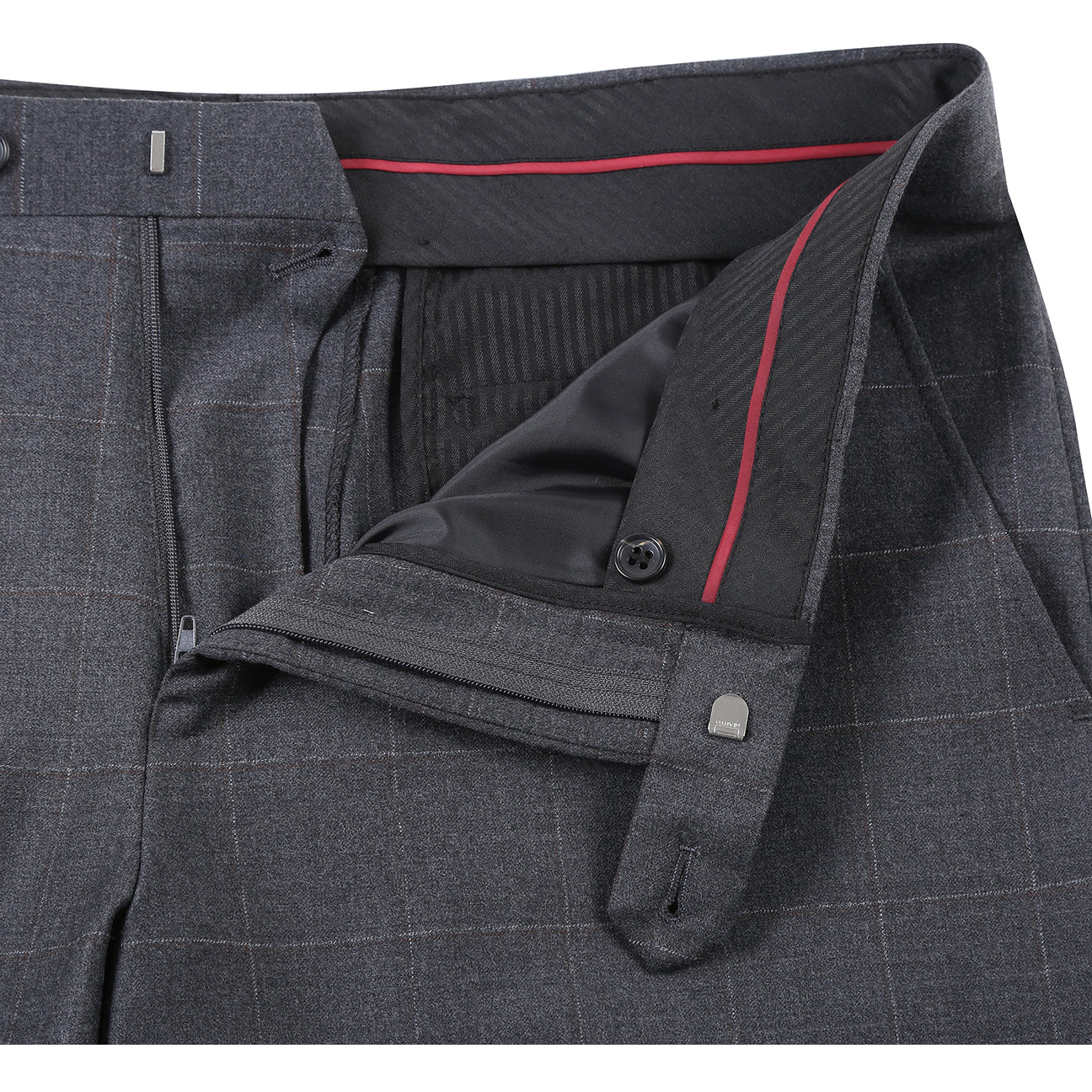 The Renoir Alessandro Vitello Classic Fit Wool Gray Suit 566-6 features a dark gray plaid jacket, paired with a white shirt and blue patterned tie, shown on a mannequin—ideal for those seeking a timeless men's single-breasted suit.