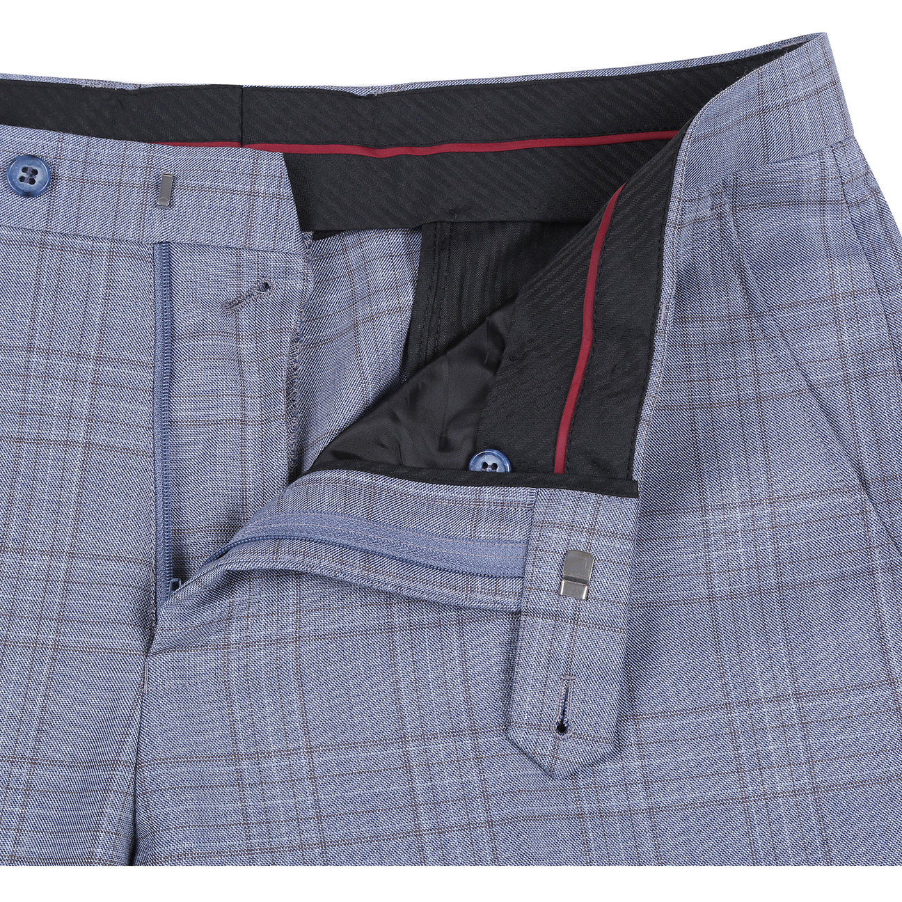 The Renoir Alessandro Vitello by Renoir Classic Fit Wool Blue Suit 568-7, featuring notch lapels, is displayed on a mannequin over a white dress shirt and navy blue patterned tie.