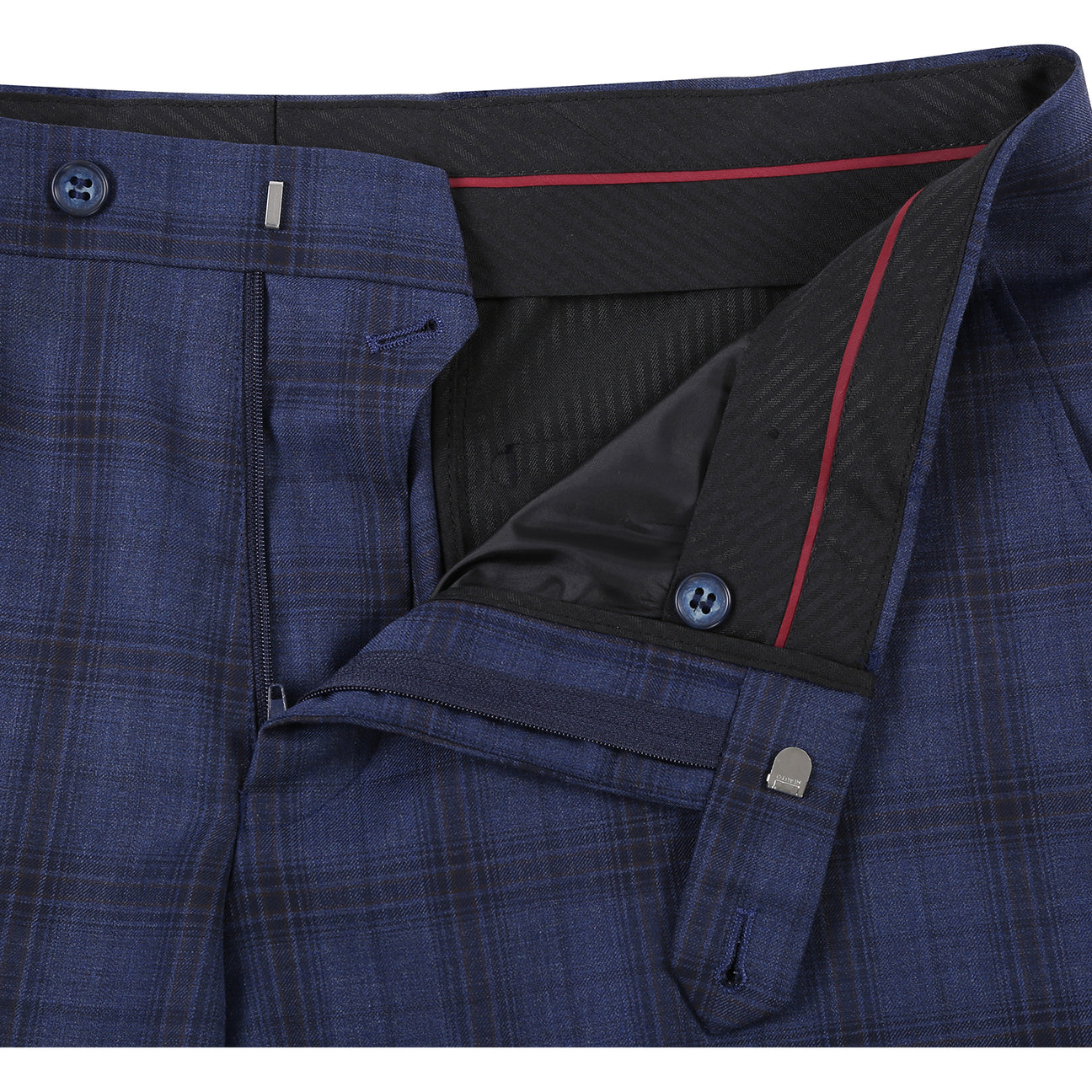 The Renoir Alessandro Vitello New Slim Fit Wool Navy Suit 566-14 is displayed on a mannequin, paired with a white dress shirt and dark patterned tie.