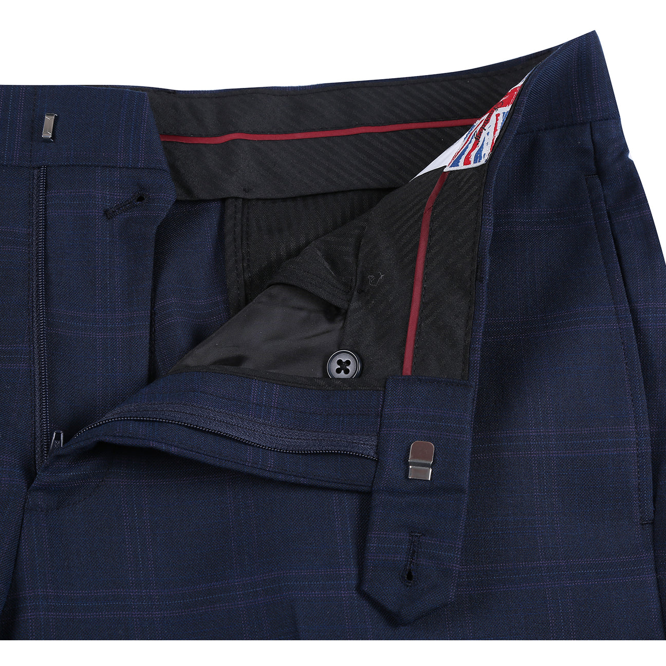 The ENGLISH LAUNDRY 2pc Suit Navy 32-55-410EL by English Laundry features a navy blue plaid blazer with single button closure, front pockets, and blue paisley inner lining in a comfy polyester-rayon-spandex blend, shown on a white background.
