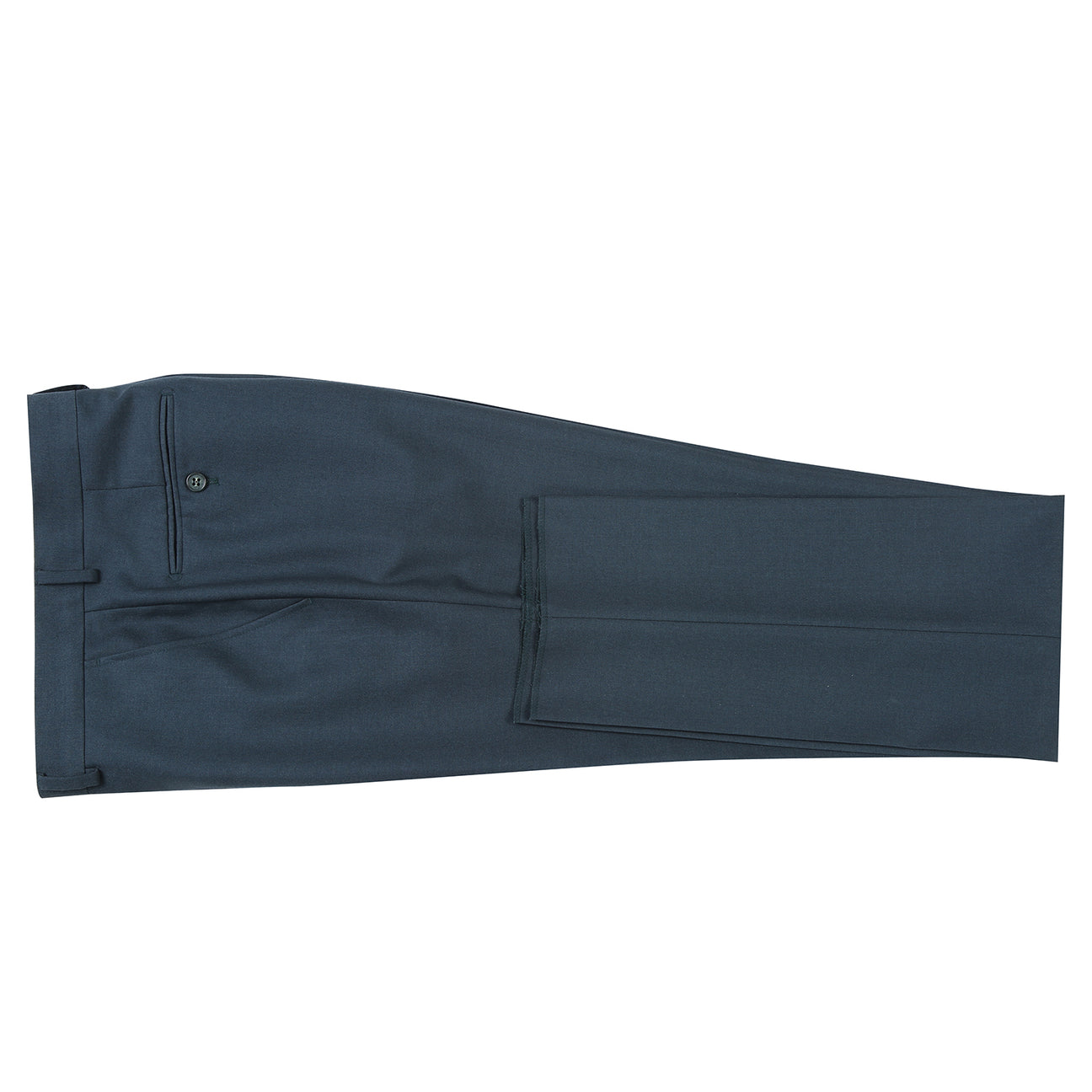 The Renoir Alessandro Vitello 2-Piece New Slim Fit Forest Green Suit (201-13) is shown over a white dress shirt with a blue striped tie, displayed on a mannequin against a white background.