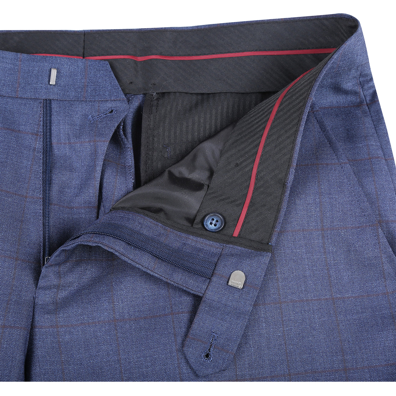 The Alessandro Vitello by Renoir Classic Fit Suit 293-56 features a blue side-vented jacket with a 3-inch notch lapel, flat front pants, four cuff buttons, plus fabric, stitching, and brand label close-ups from Renoir.