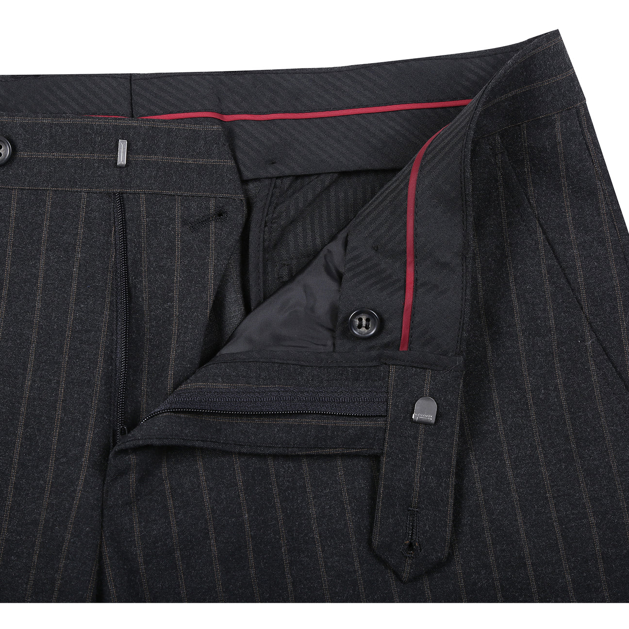 The Alessandro Vitello by Renoir New Slim Fit Suit 293-55 showcases a dark pinstripe, single-breasted jacket with notch lapels and side vents, paired with matching flat front pinstripe trousers.