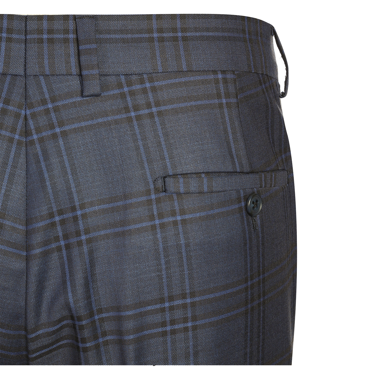 The ENGLISH LAUNDRY Grey Check Suit 12-53-093EL by English Laundry is a men's slim fit grey plaid blazer with two buttons, notched lapels, flap pockets, and a blue tropical-patterned inner lining.