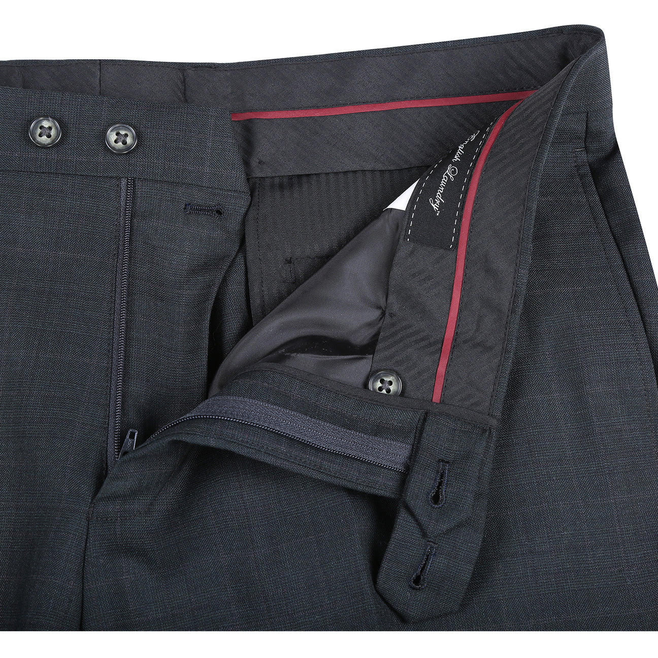 The ENGLISH LAUNDRY 2pc Wool Suit Olive EL22-58-341 by English Laundry features a slim fit jacket in olive wool with two buttons, subtle patterning, and a distinctive inner lining with colorful floral designs.