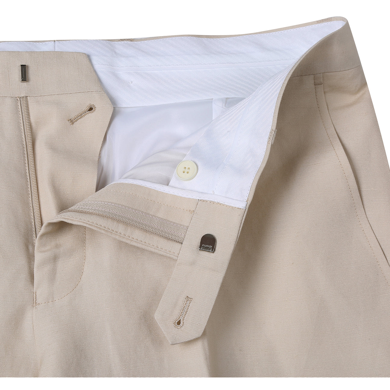 The Alessandro Vitello by Renoir 2-Piece New Slim Fit Suit in Tan is displayed on a mannequin, paired with a white shirt and blue tie, showcasing its sleek two-button closure.