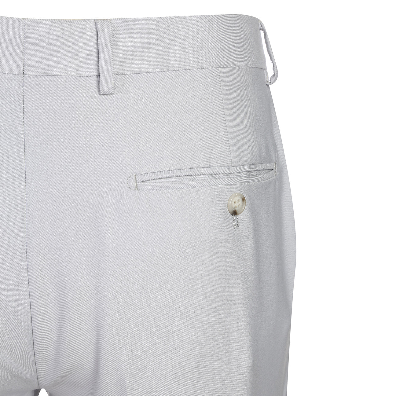 The Alessandro Vitello by Renoir 2-Piece Slim Fit Suit in Perl Gray features a single-breasted notch lapel jacket, shown on a mannequin with a white shirt, brown and pink striped tie, and dotted pocket square for lightweight comfort.