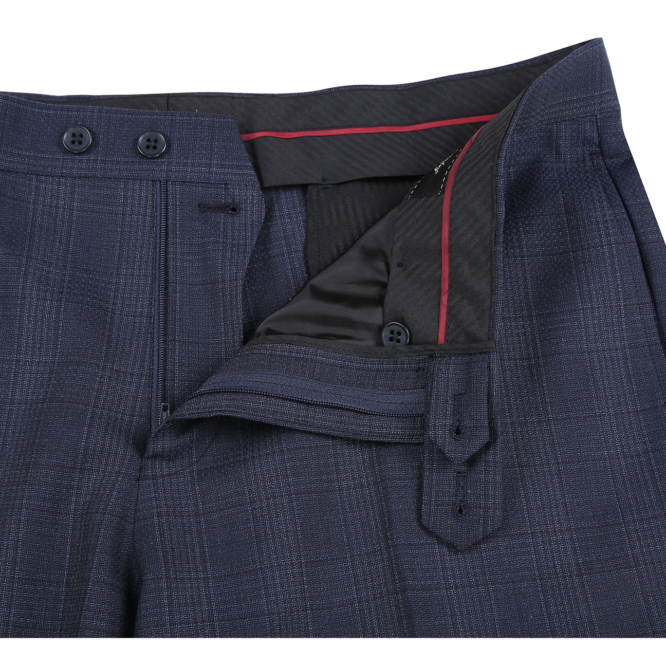A man wears the English Laundry ENGLISH LAUNDRY 2pc Wool Suit Navy EL22-60-410; close-ups highlight its navy plaid fabric (90% wool, 10% polyester), inner lining, buttons, and embroidered label.