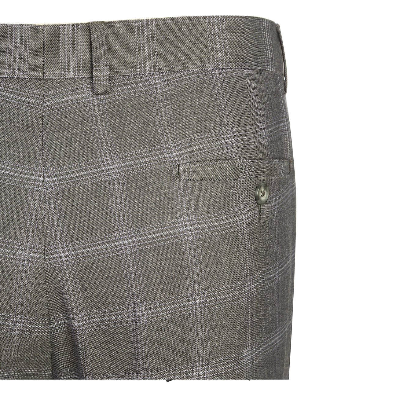 The ENGLISH LAUNDRY Grey Check Suit 12-55-095EL by English Laundry is a slim fit gray plaid blazer with notch lapels, two front flap pockets, and a colorful floral inner lining, shown on a white background.