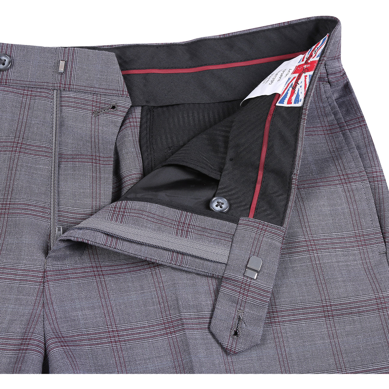 Close-up of the upper section of the ENGLISH LAUNDRY 2pc Suit Gray 32-57-092EL by English Laundry, highlighting gray plaid slim-fit trousers with red lines, a belt loop, waistband, and a buttoned back pocket.