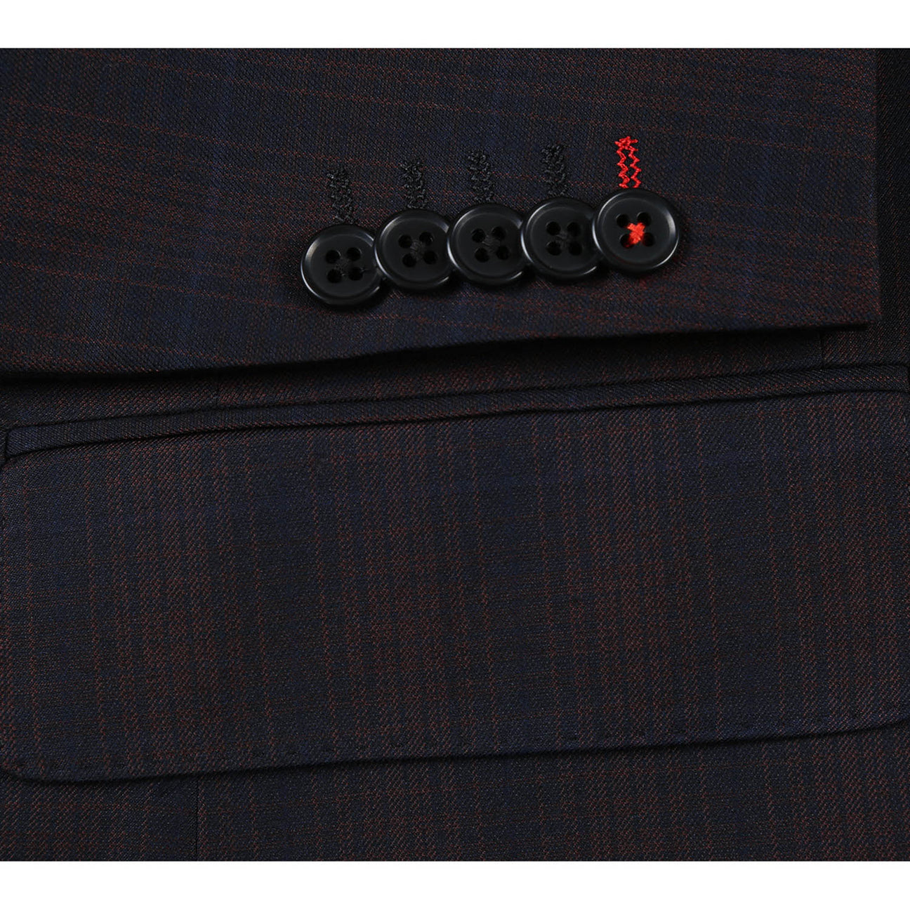 The English Laundry Coffee with Red Check Suit 82-56-410EL, a slim fit jacket with notch lapels and a subtle pattern, is elegantly displayed on a mannequin paired with a white shirt and an orange patterned tie.